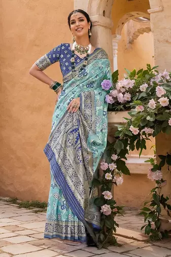 blue floral linen saree with blouse