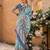 blue floral linen saree with blouse