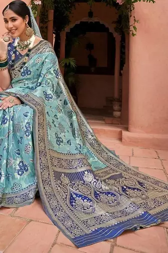 blue floral linen saree with blouse