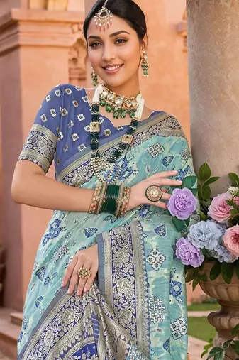 blue floral linen saree with blouse