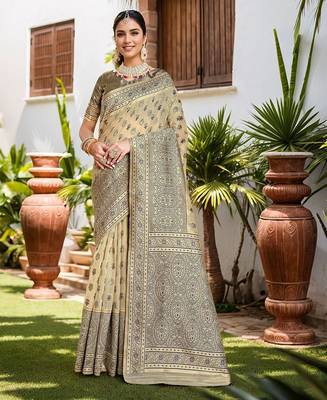 beige ethnic motifs woven design linen saree 1