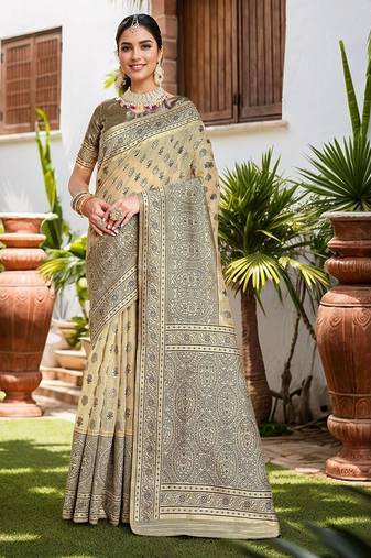 beige ethnic motifs woven design linen saree