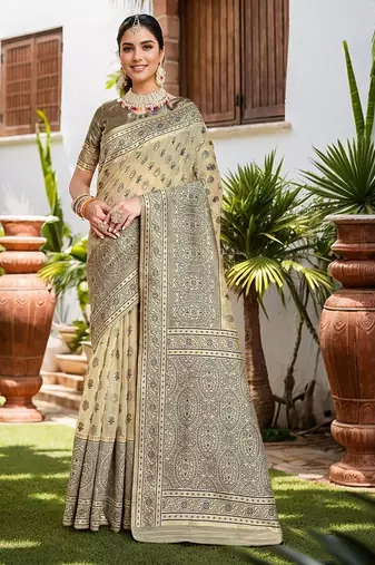 beige ethnic motifs woven design linen saree