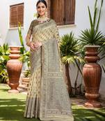 beige ethnic motifs woven design linen saree