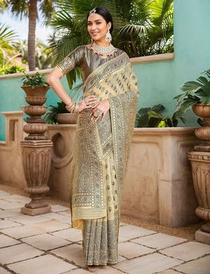 beige ethnic motifs woven design linen saree 2