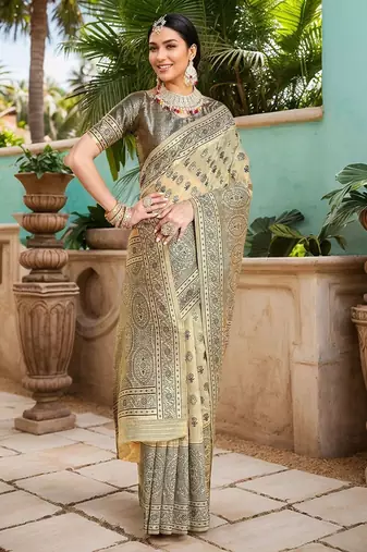 beige ethnic motifs woven design linen saree