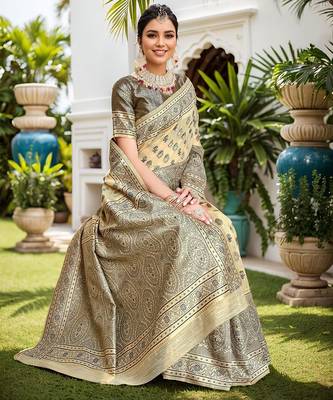 beige ethnic motifs woven design linen saree 3