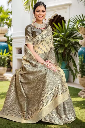beige ethnic motifs woven design linen saree