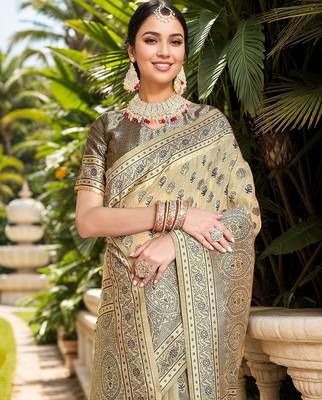 beige ethnic motifs woven design linen saree 4