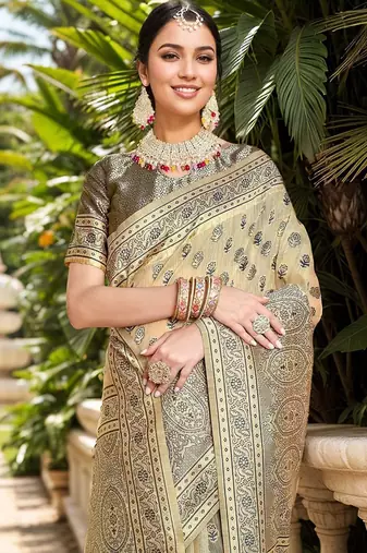 beige ethnic motifs woven design linen saree