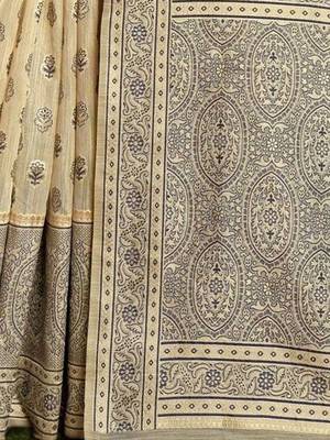 beige ethnic motifs woven design linen saree 5