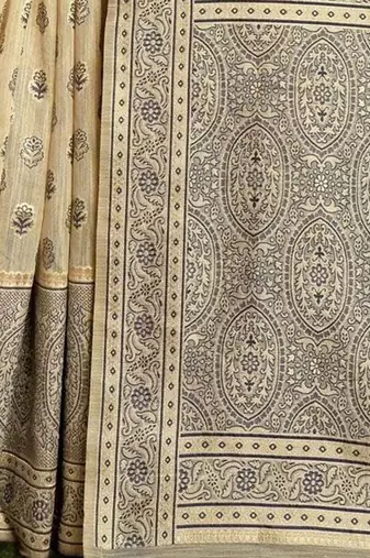 beige ethnic motifs woven design linen saree