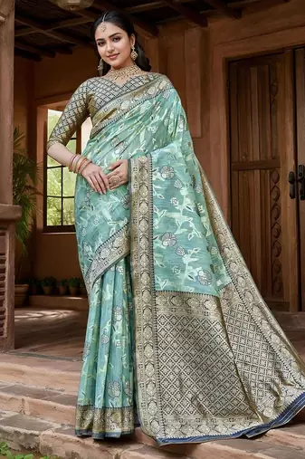 blue ethnic motifs printed woven design linen saree