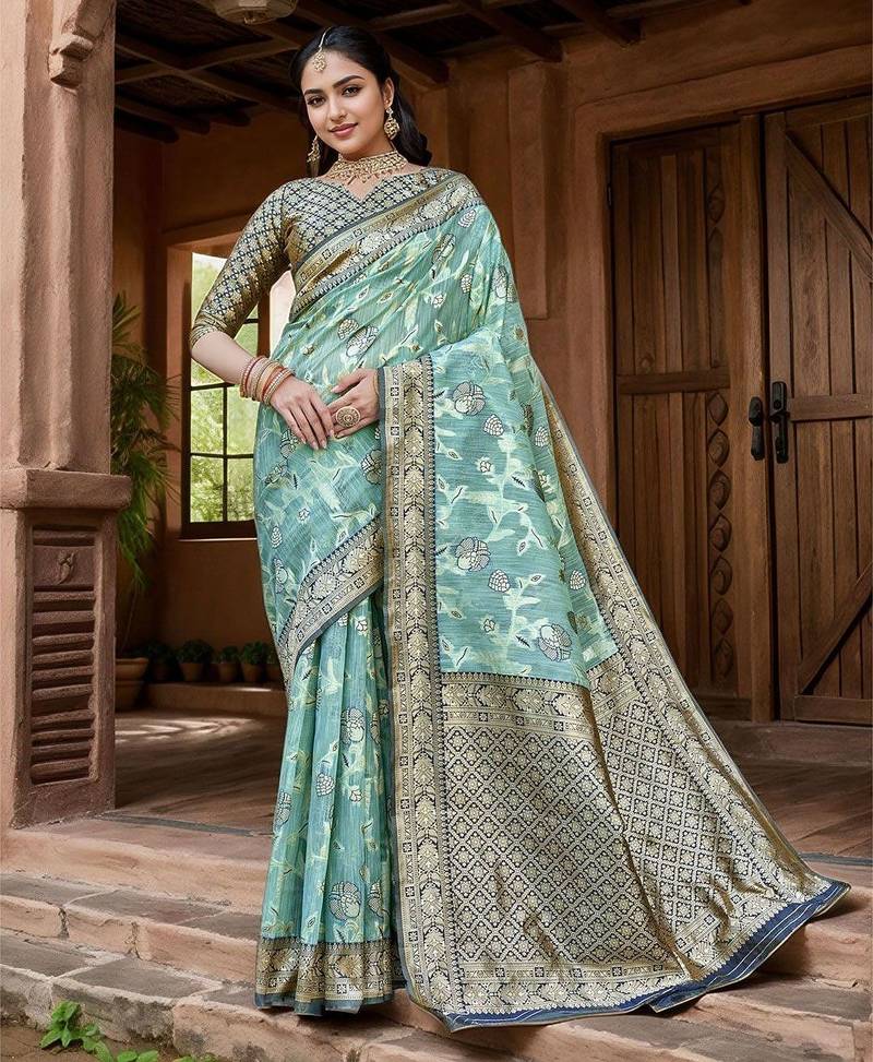 blue ethnic motifs printed woven design linen saree