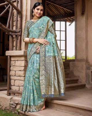 blue ethnic motifs printed woven design linen saree 2