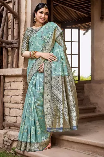 blue ethnic motifs printed woven design linen saree