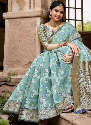 blue ethnic motifs printed woven design linen saree 3