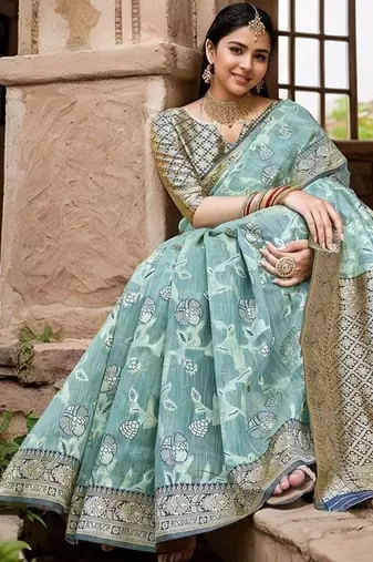 blue ethnic motifs printed woven design linen saree