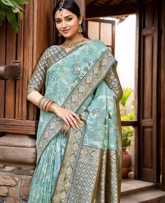 blue ethnic motifs printed woven design linen saree 4