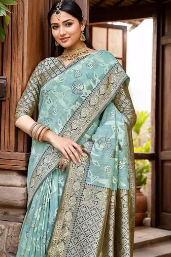 blue ethnic motifs printed woven design linen saree