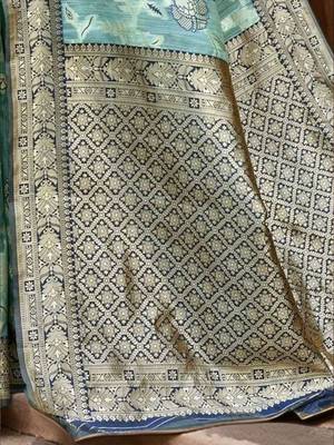 blue ethnic motifs printed woven design linen saree 5