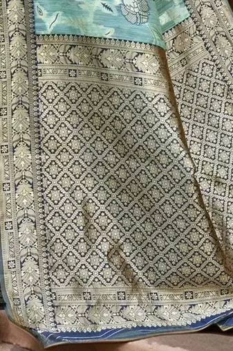 blue ethnic motifs printed woven design linen saree