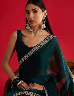 teal embellished zari satin designer saree 1