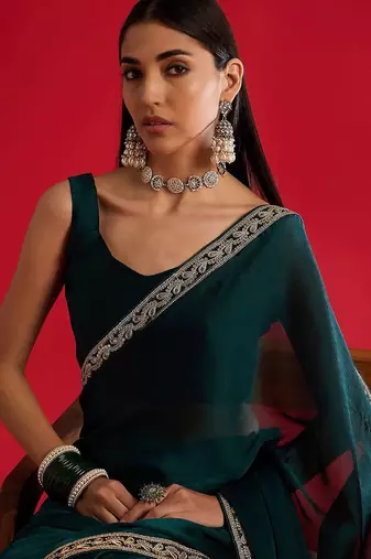 teal embellished zari satin designer saree
