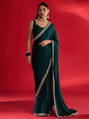 teal embellished zari satin designer saree 2