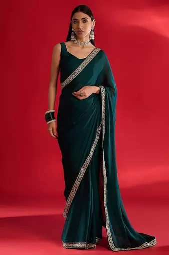 teal embellished zari satin designer saree