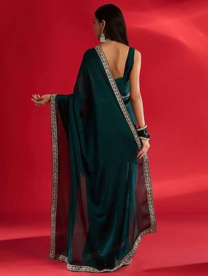 teal embellished zari satin designer saree 3