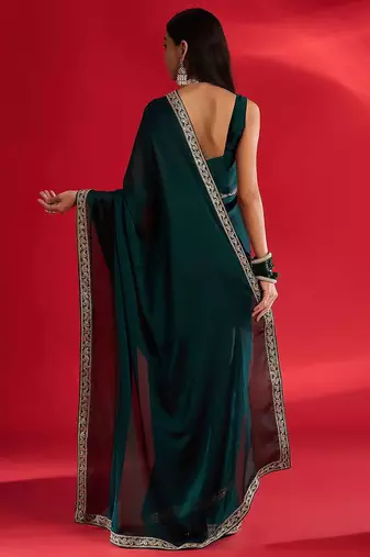 teal embellished zari satin designer saree