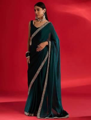 teal embellished zari satin designer saree 4