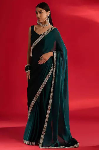 teal embellished zari satin designer saree