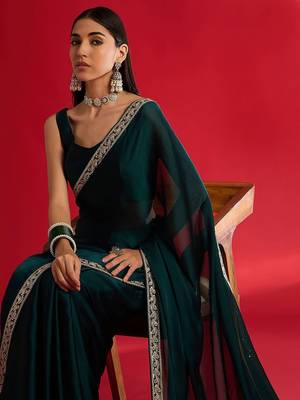 teal embellished zari satin designer saree 5