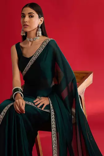 teal embellished zari satin designer saree