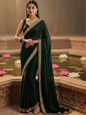 green embellished zari satin designer saree 1