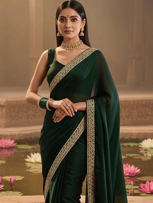 green embellished zari satin designer saree 2