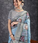 Blue digital woven design viscose digital print saree