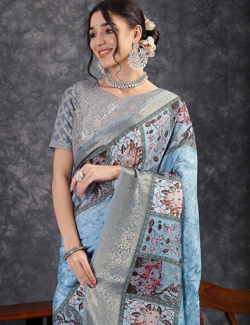 Blue digital woven design viscose digital print saree