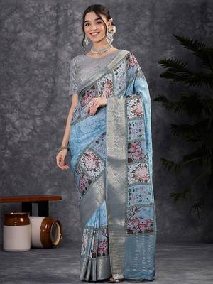 Blue digital woven design viscose digital print saree 2