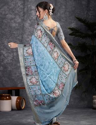 Blue digital woven design viscose digital print saree 3