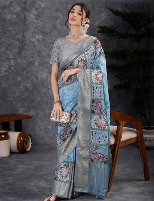 Blue digital woven design viscose digital print saree 4