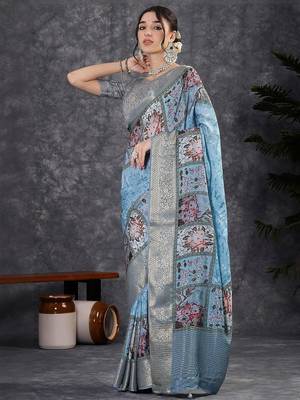 Blue digital woven design viscose digital print saree 5
