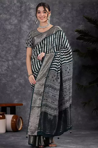 Navy blue navy blue & white striped silk blend saree