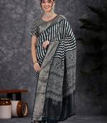 Navy blue navy blue & white striped silk blend saree