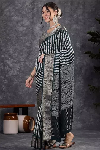 Navy blue navy blue & white striped silk blend saree