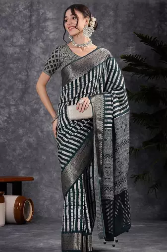 Navy blue navy blue & white striped silk blend saree