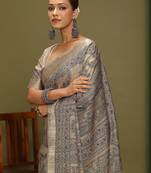 beige satin block print sarees
