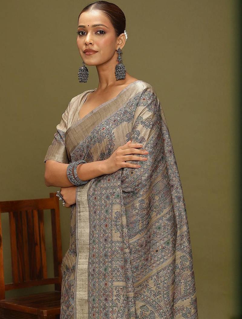 beige satin block print sarees